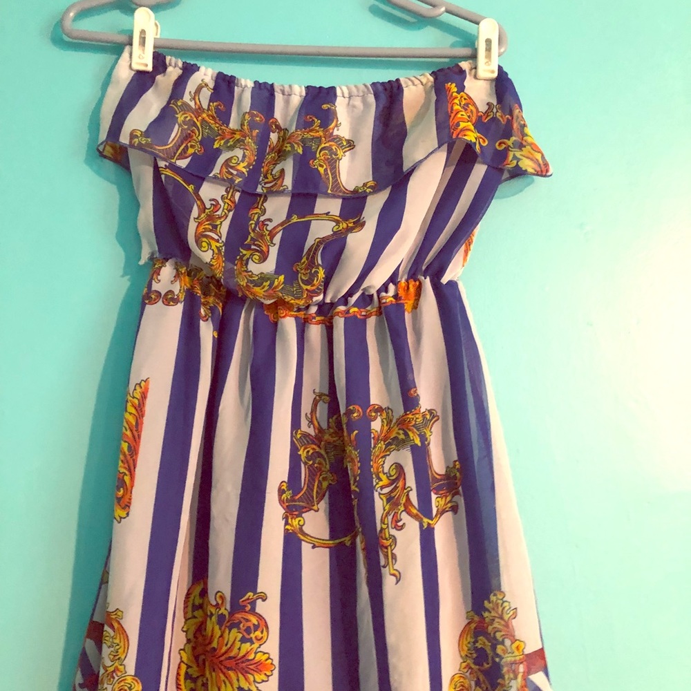 Blue & White Striped High Low Strapless Dress